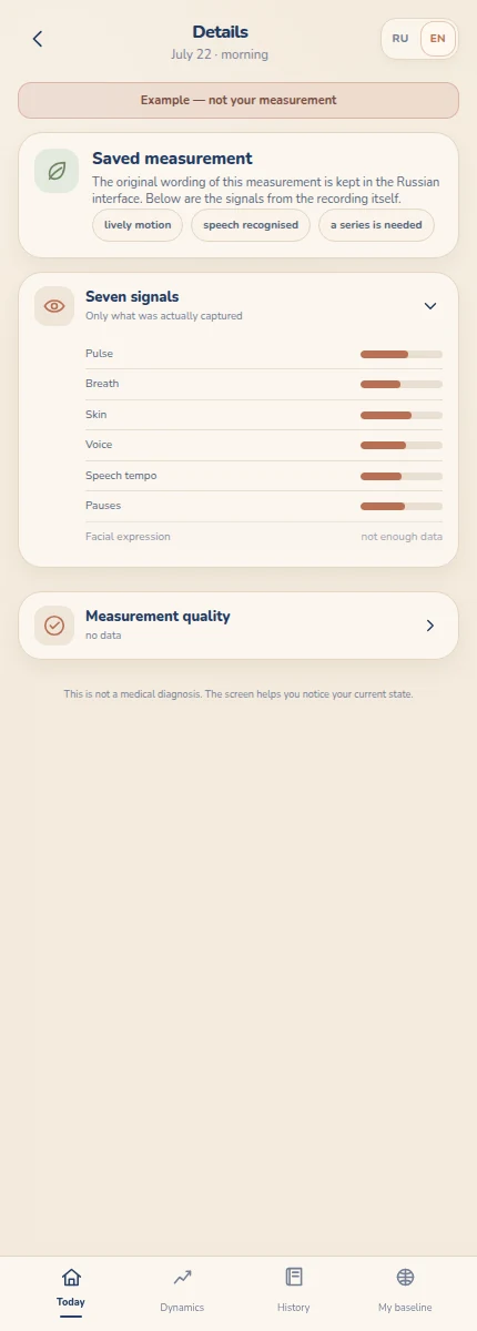 Current Senti Details screen in English showing seven signals from a clearly labelled sample check-in